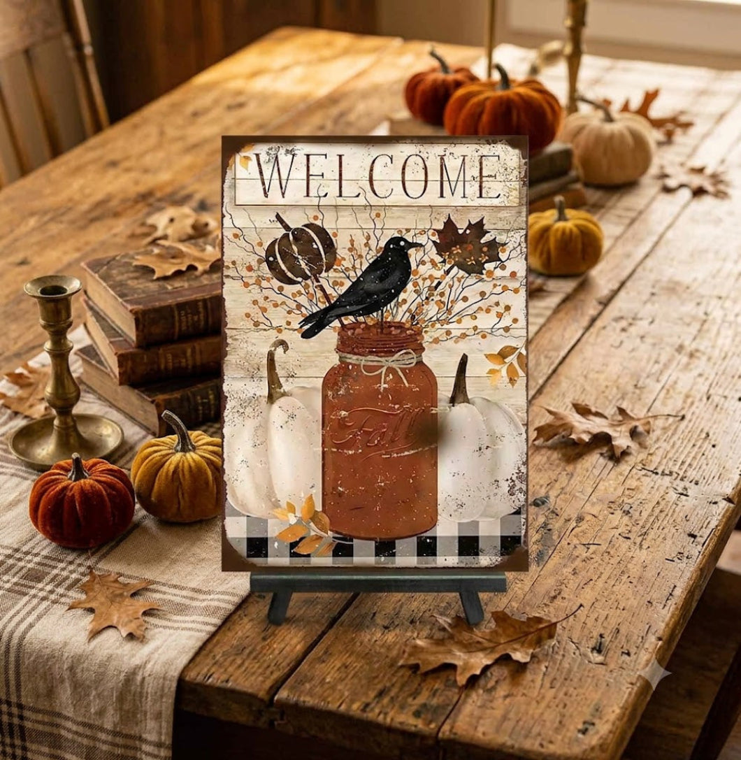 Primitive Fall Welcome Black Crow Ball Jar 12x8 Metal Sign