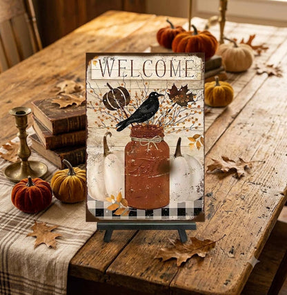 Primitive Fall Welcome Black Crow Ball Jar 12x8 Metal Sign