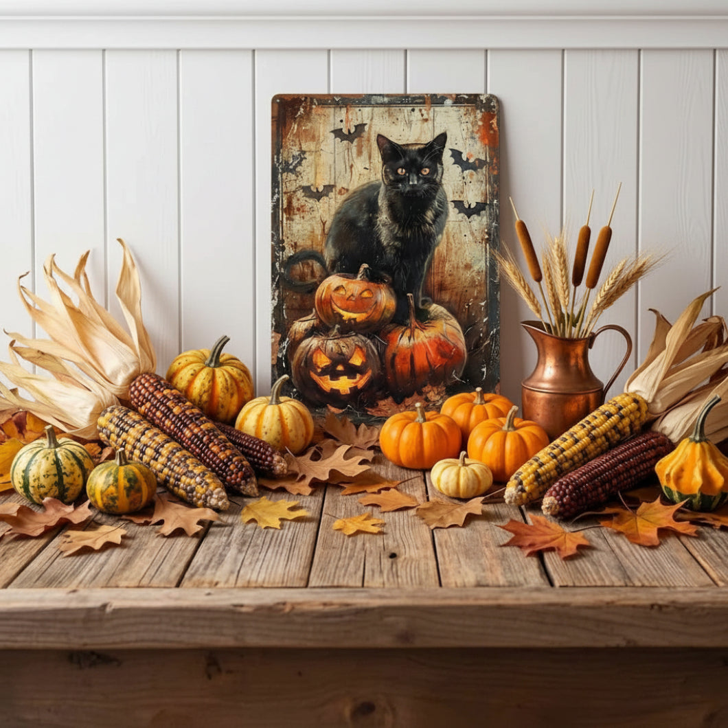 Primitive Halloween Black Cat Bats Jack O Lanterns 12x8 Metal Sign