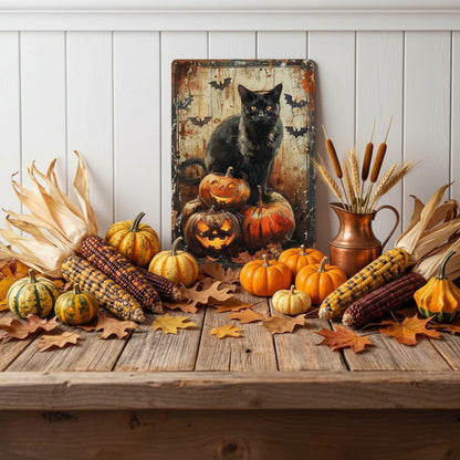 Primitive Halloween Black Cat Bats Jack O Lanterns 12x8 Metal Sign