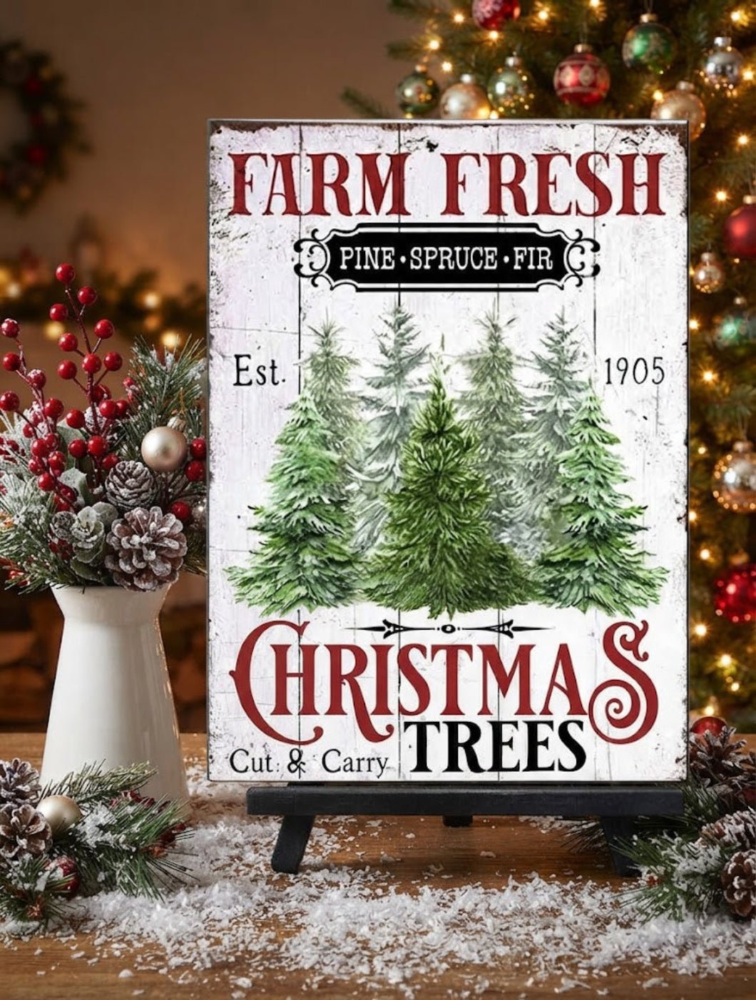 Primitive Farm Fresh Christmas Trees Metal Sign 8"x 12" - The Primitive Pineapple Collection