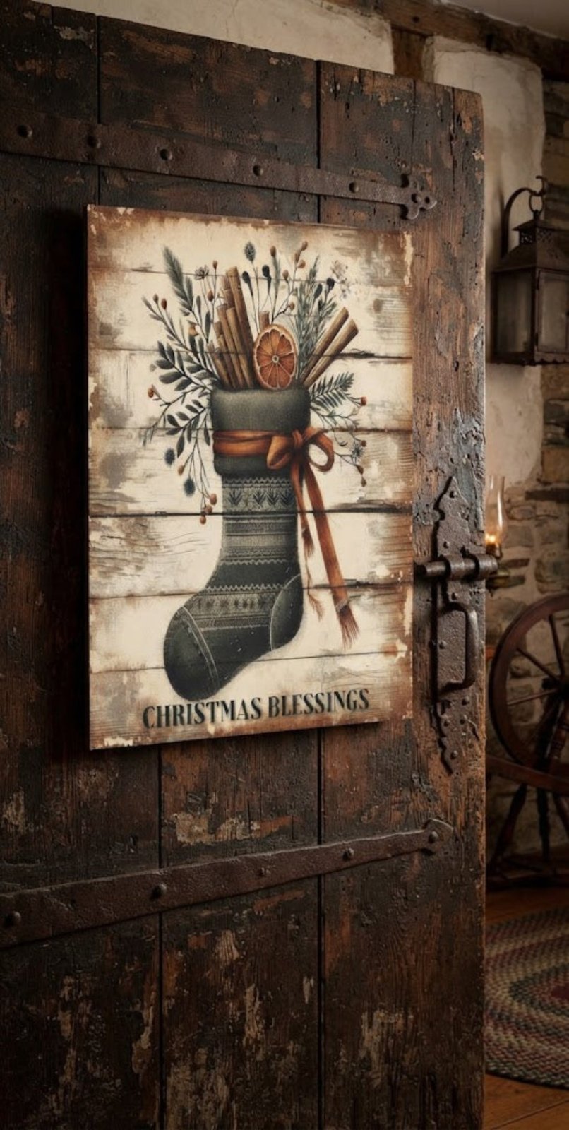 Primitive Christmas Stocking w/Greenery 12x8 Metal Sign - The Primitive Pineapple Collection