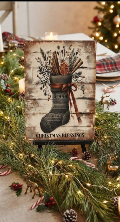 Primitive Christmas Stocking w/Greenery 12x8 Metal Sign - The Primitive Pineapple Collection