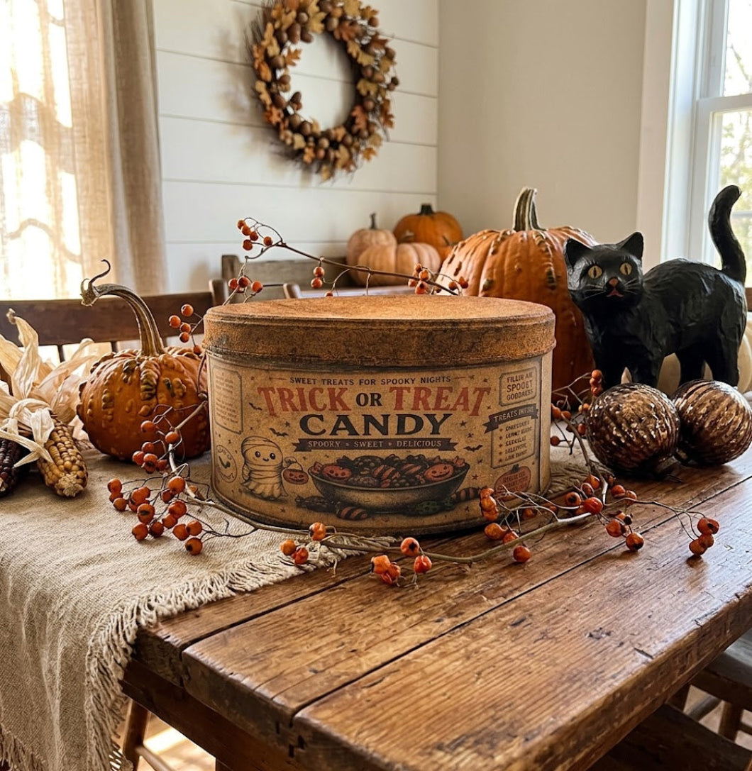 Primitive Handcrafted USA  7" Retro Halloween Trick or Treat Candy Tin