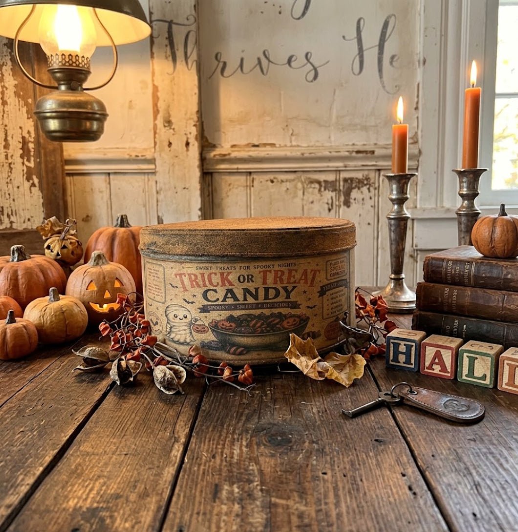 Primitive Handcrafted USA 7" Retro Halloween Trick or Treat Candy Tin - The Primitive Pineapple Collection