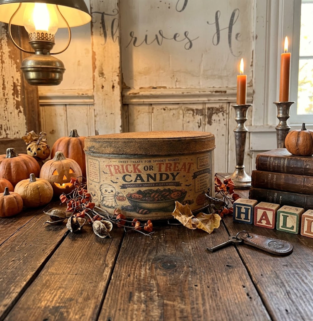 Primitive Handcrafted USA  7" Retro Halloween Trick or Treat Candy Tin