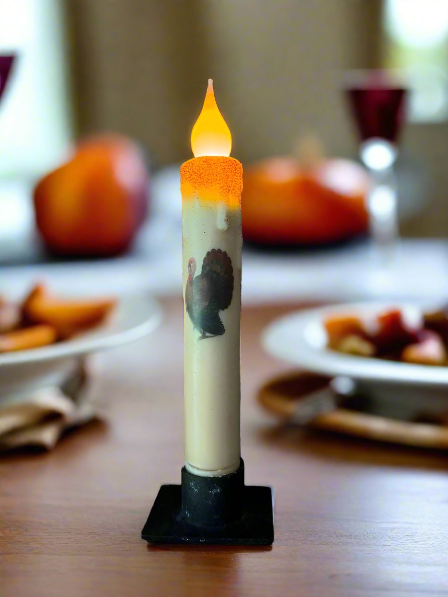 Primitive Handcrafted 7&quot; Fall Turkey Battery Operated Led Timer Taper Candle