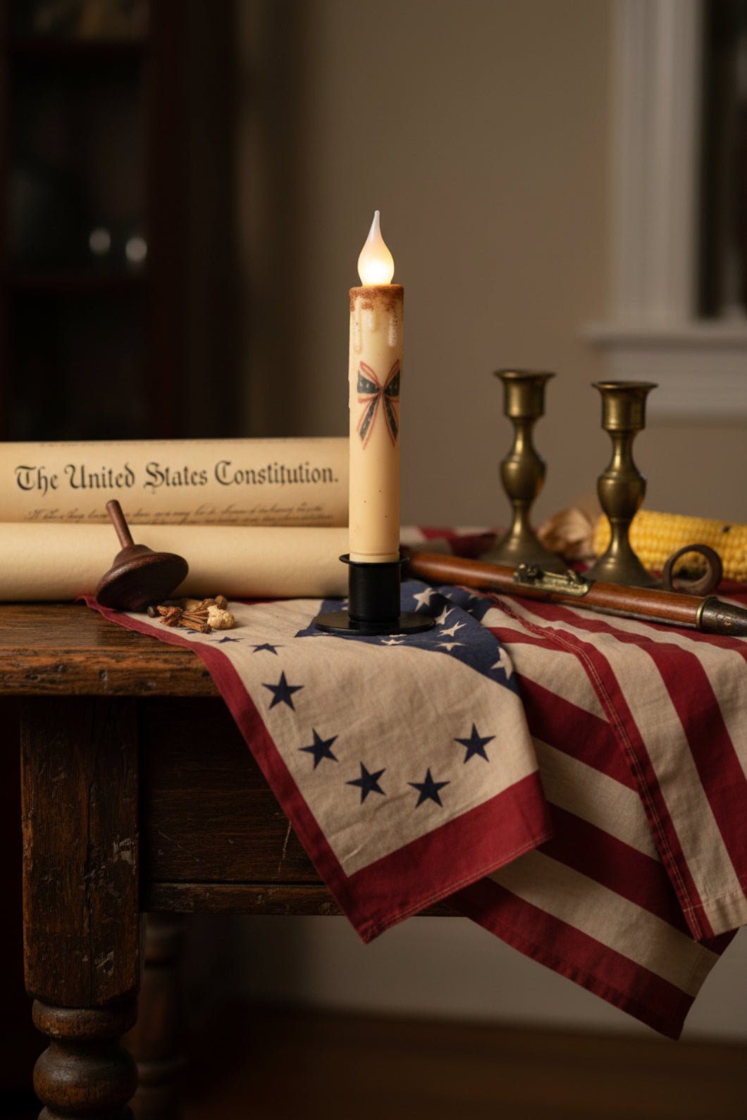 7 - inch Americana LED Taper Candle with Timer and Patriotic Ribbon - The Primitive Pineapple Collection