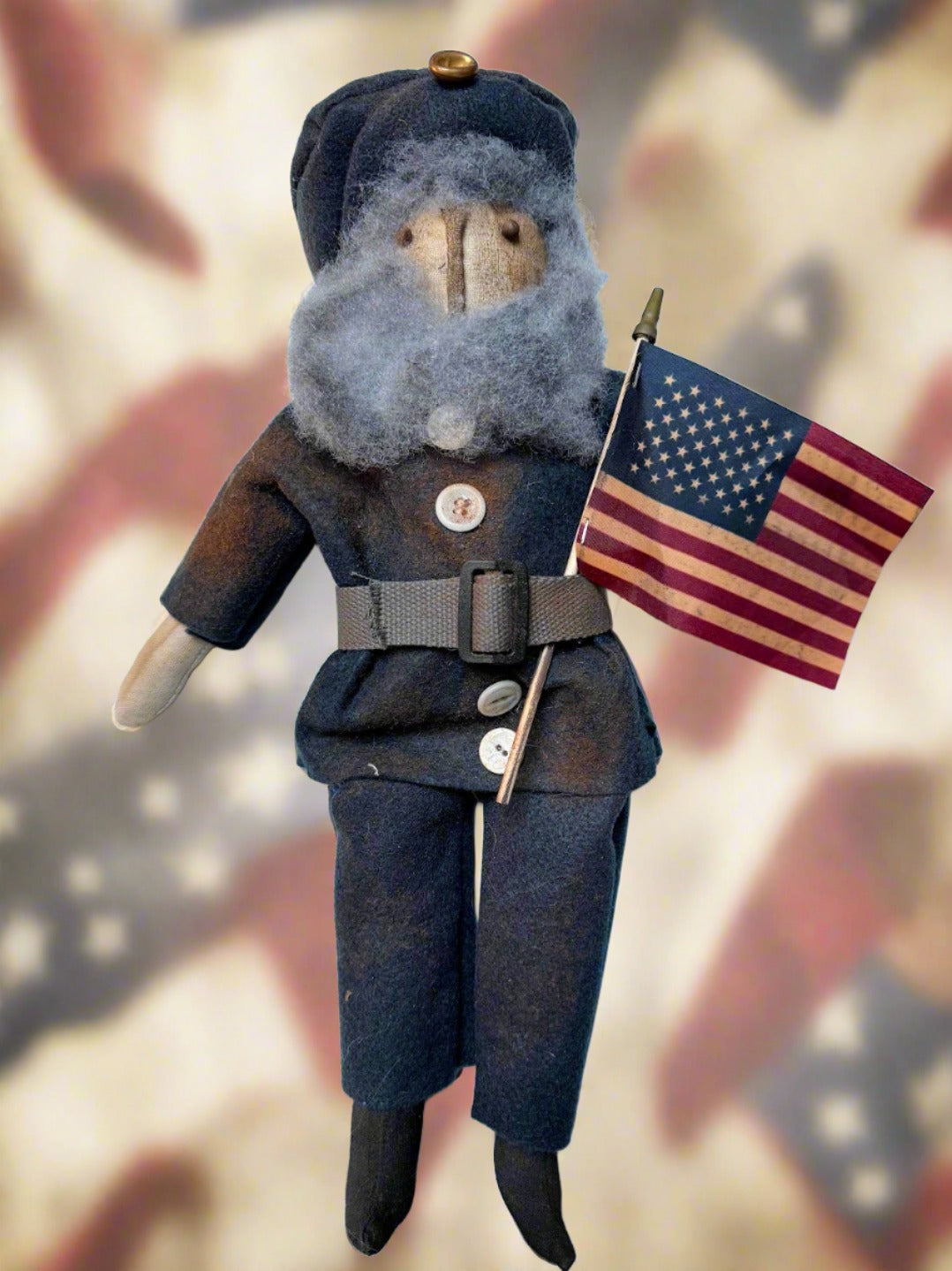 Primitive Farmhouse Handcrafted Civil War Soldier USA Flag Rag Doll 18&quot;