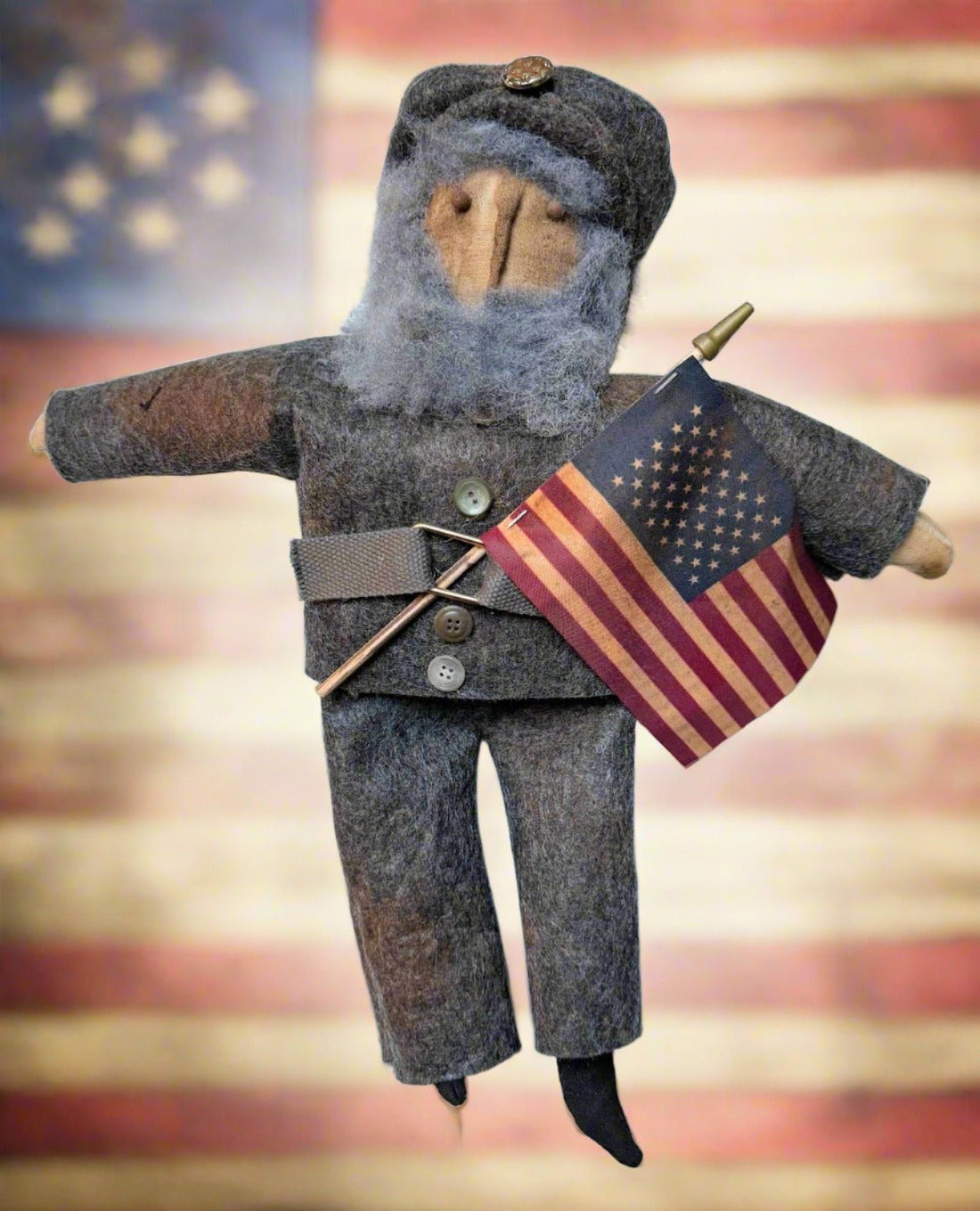 Primitive Farmhouse Handcrafted Civil War Soldier USA Flag Rag Doll 18" - The Primitive Pineapple Collection