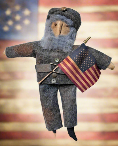 Primitive Farmhouse Handcrafted Civil War Soldier USA Flag Rag Doll 18&quot;