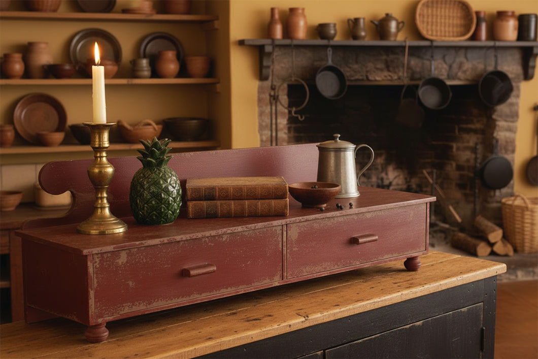 Primitive Aged Red Counter Shelf Vintage Look Farmhouse Rustic Drawers Footed - The Primitive Pineapple Collection