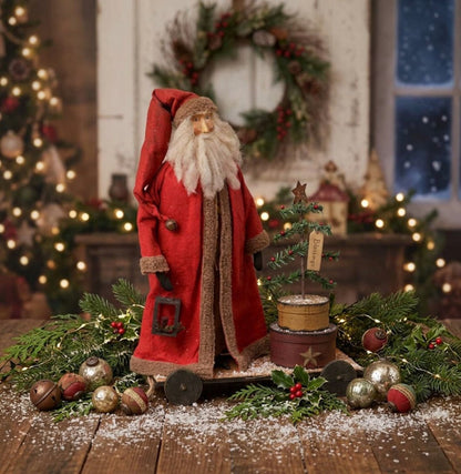 Primitive Christmas Blessings Santa w/ Feather Tree and Nesting Boxes on Cart 26" - The Primitive Pineapple Collection