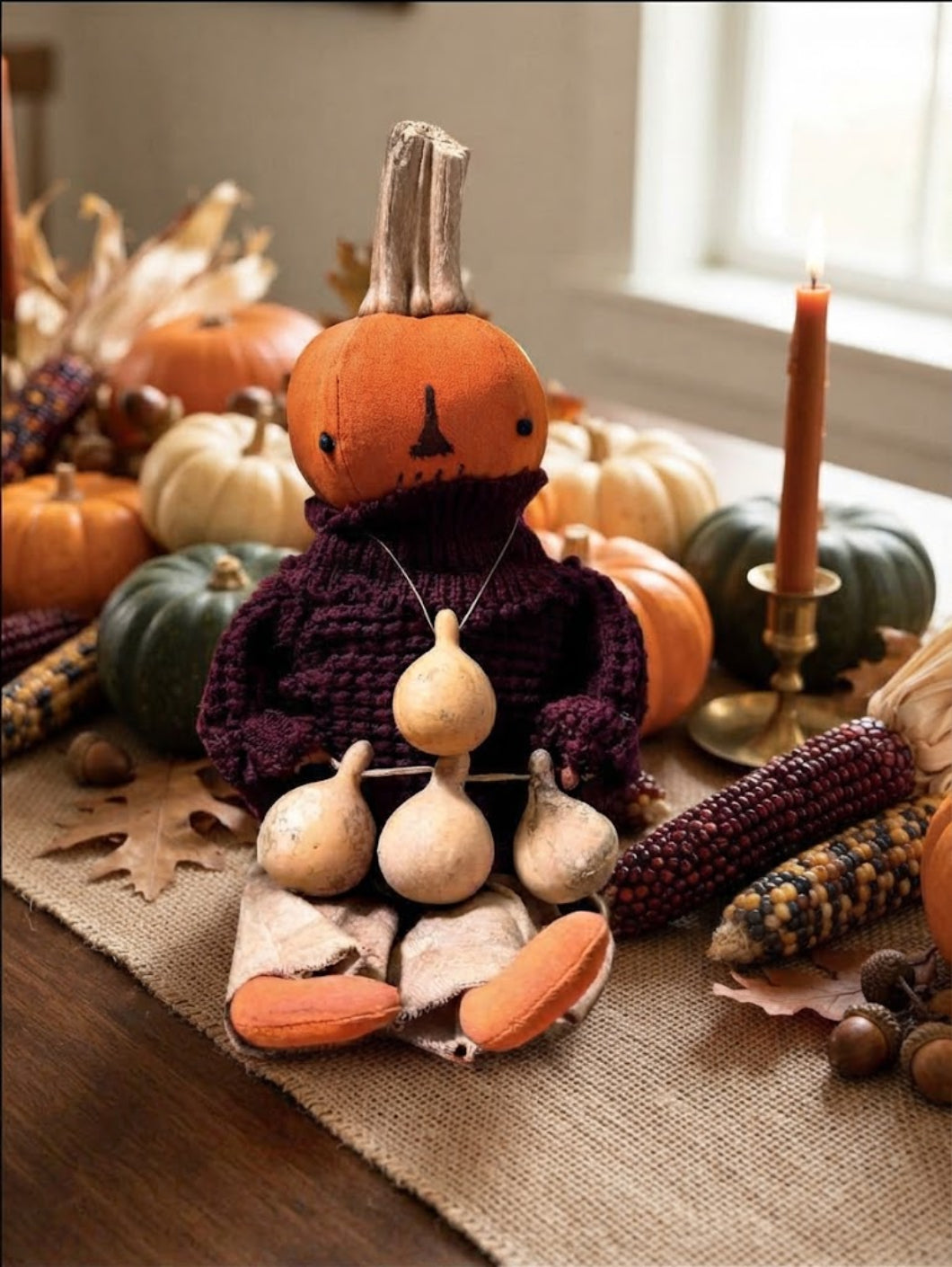 Primitive Handcrafted USA Pumpkin Doll Walter w/ Gourd 12"
