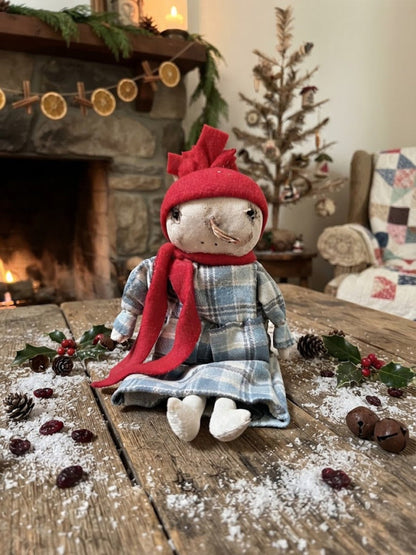 Primitive Handcrafted USA 10" Snowman Girl Doll Dried Carrot Nose - The Primitive Pineapple Collection