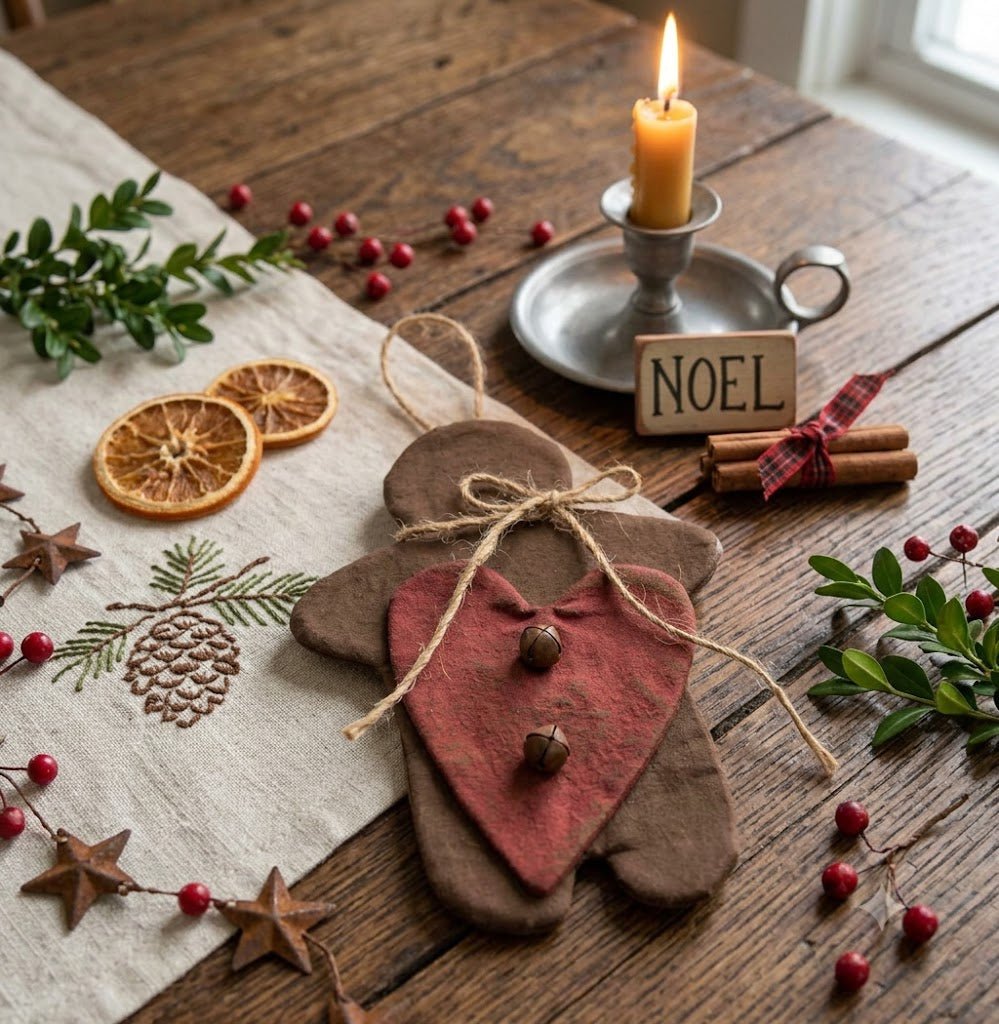 Christmas Primitive 7.5" Flat Fabric Gingerbread &amp; Heart Christmas Ornament - The Primitive Pineapple Collection