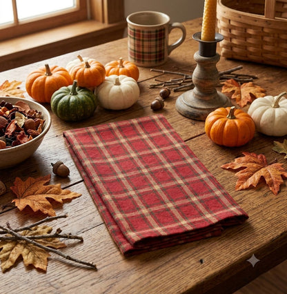 Primitive Farmhouse Tea Towel – Red, Green &amp; Tan Stripes | 15x25 Cotton
