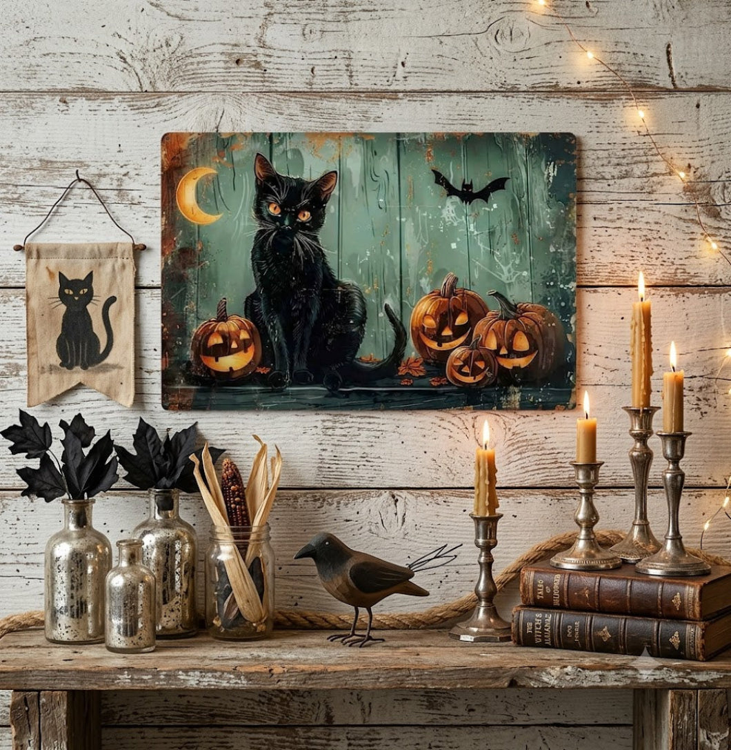 Primitive Halloween Black Cat Pumpkins 12x8 Metal Sign