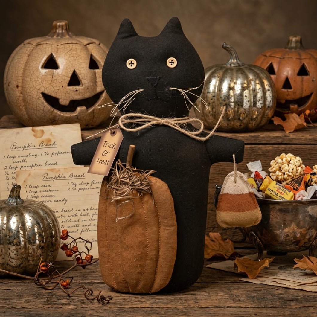 Primitive Halloween 9.5" Black Scaredy Cat Fabric Shelf Sitter Doll - The Primitive Pineapple Collection