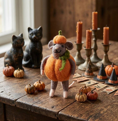 Primitive Country Halloween Felt Mouse Pumpkin Ornament - The Primitive Pineapple Collection