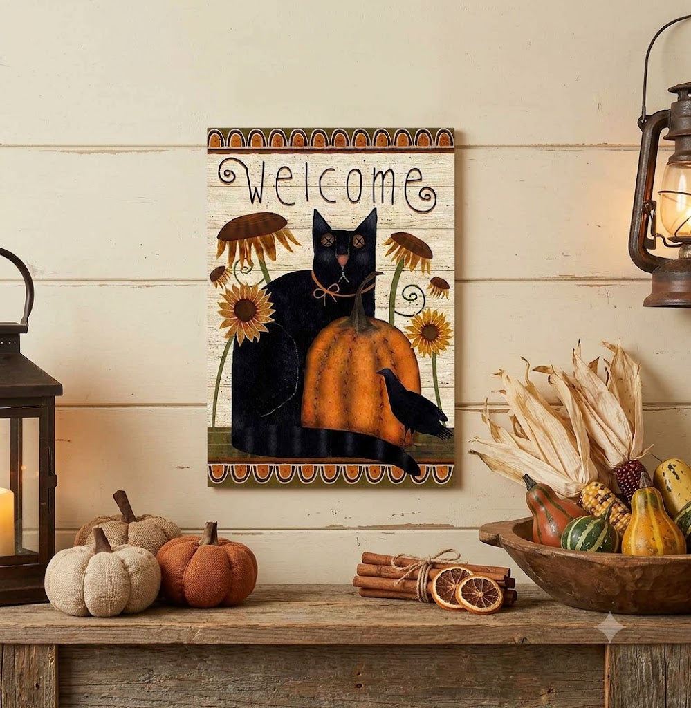 Primitive Fall Welcome Black Cat and Pumpkin 8x12 Metal Sign
