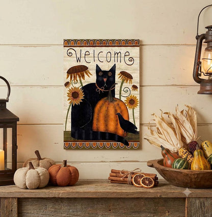 Primitive Fall Welcome Black Cat and Pumpkin 8x12 Metal Sign