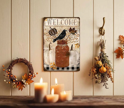 Primitive Fall Welcome Black Crow Ball Jar 12x8 Metal Sign
