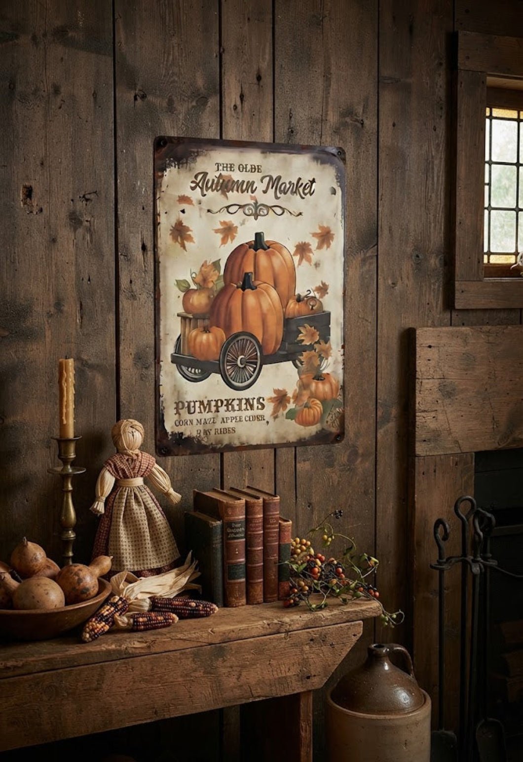 Primitive Fall Olde Autumn Market w/ Pumpkins 12x8 Metal Sign - The Primitive Pineapple Collection