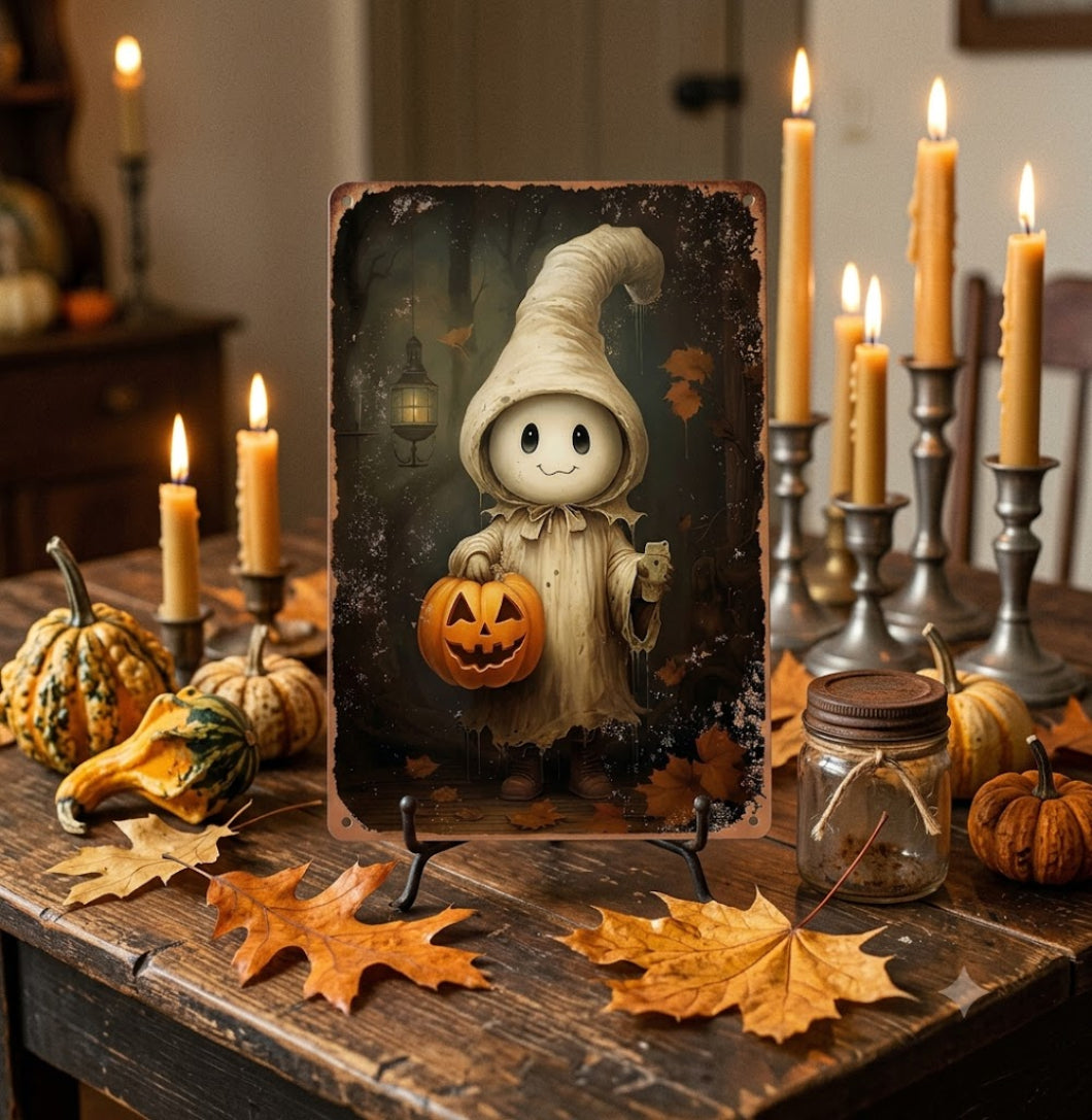 Primitive Halloween Cute Ghost with Pumpkin 12x8 Metal Sign