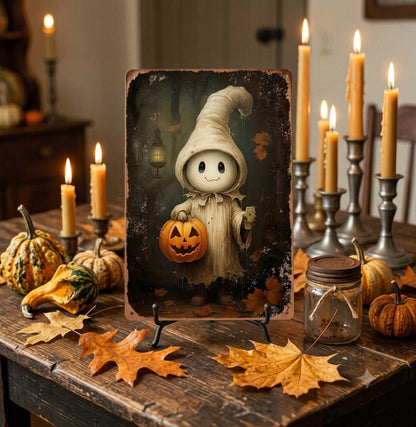 Primitive Halloween Cute Ghost with Pumpkin 12x8 Metal Sign