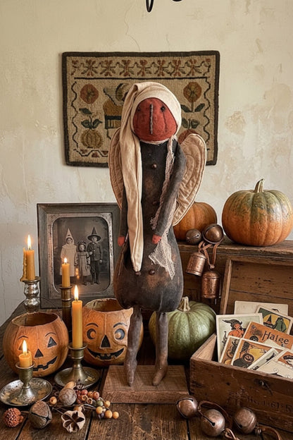 Handcrafted by Michelle Fall Halloween 20" Pumpkin Angel w/ Wings on Stand - The Primitive Pineapple Collection