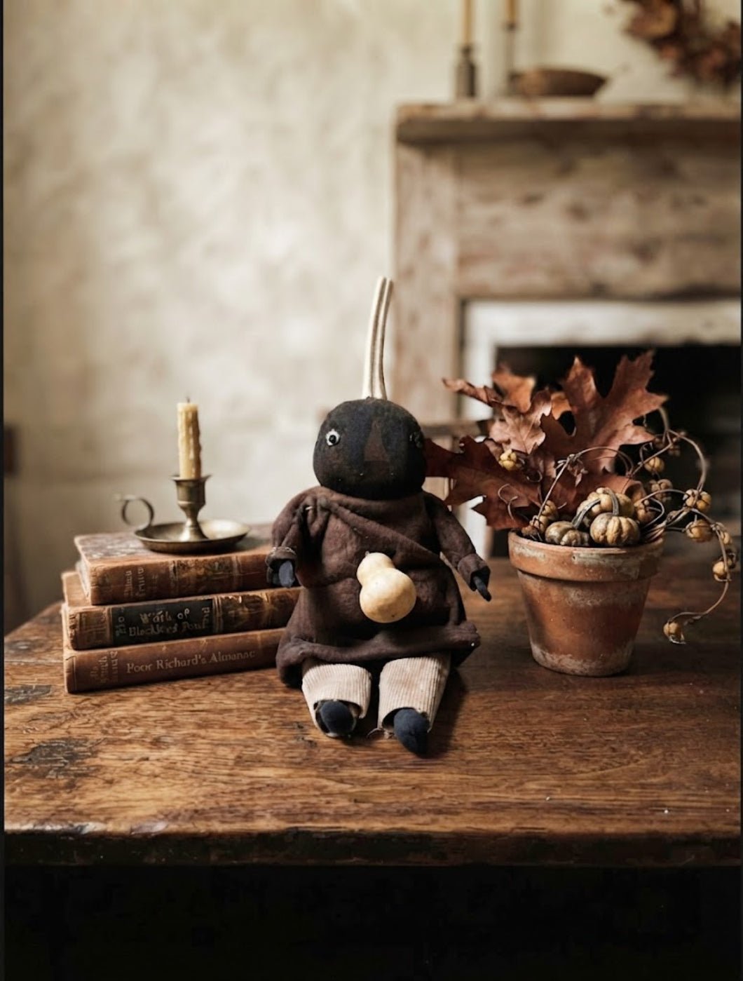 Primitive Handcrafted USA Small Black Pumpkin Boy Doll w/ Gourd 9"