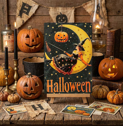 Primitive Happy Halloween Witch Crescent Moon 12x8" Metal Sign