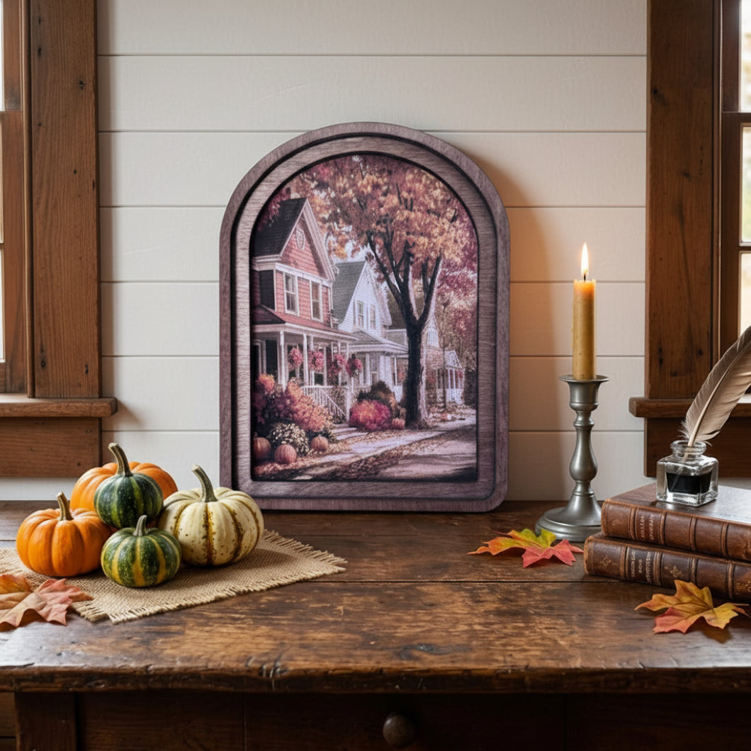 Handcrafted Retro 8" Arch Top Autumn Street Framed Art