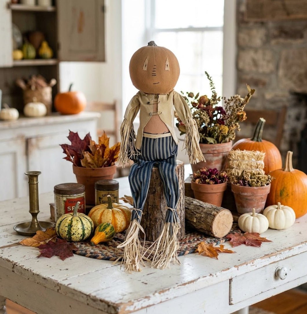 Primitive Halloween Grungy 26" Henry Pumpkin Man Doll Autumn/Fall Country - The Primitive Pineapple Collection