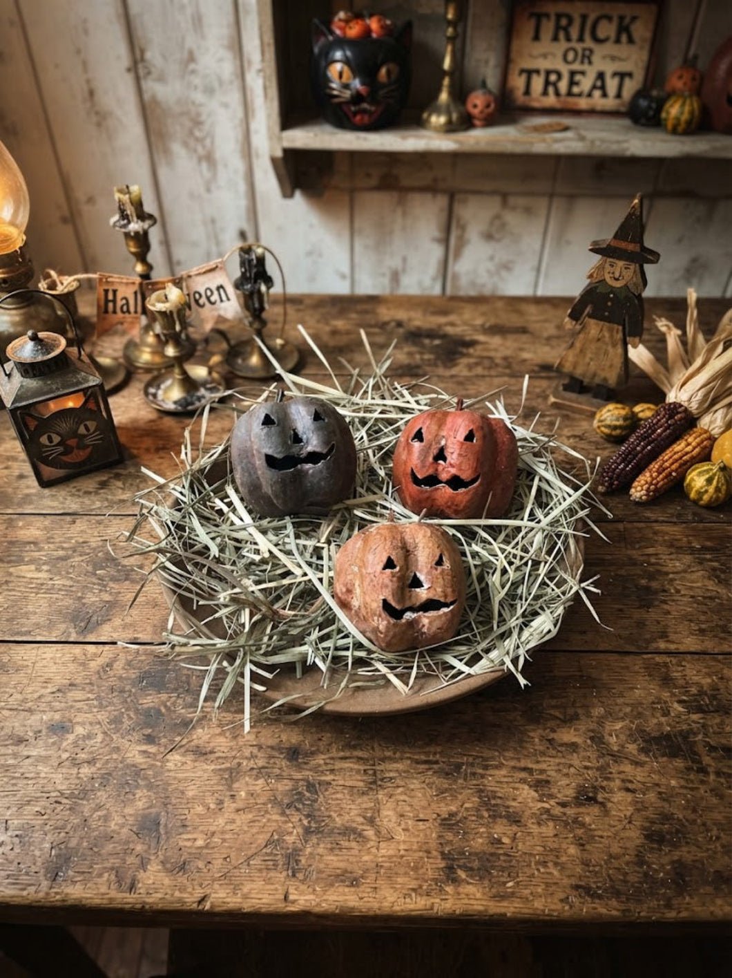Primitive Farmhouse 3pc Jack O Lantern Bowl Fillers w/ Prim Grass USA - The Primitive Pineapple Collection