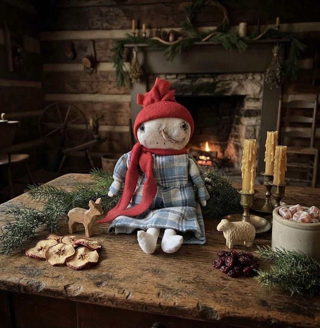 Primitive Handcrafted USA 10" Snowman Girl Doll Dried Carrot Nose - The Primitive Pineapple Collection