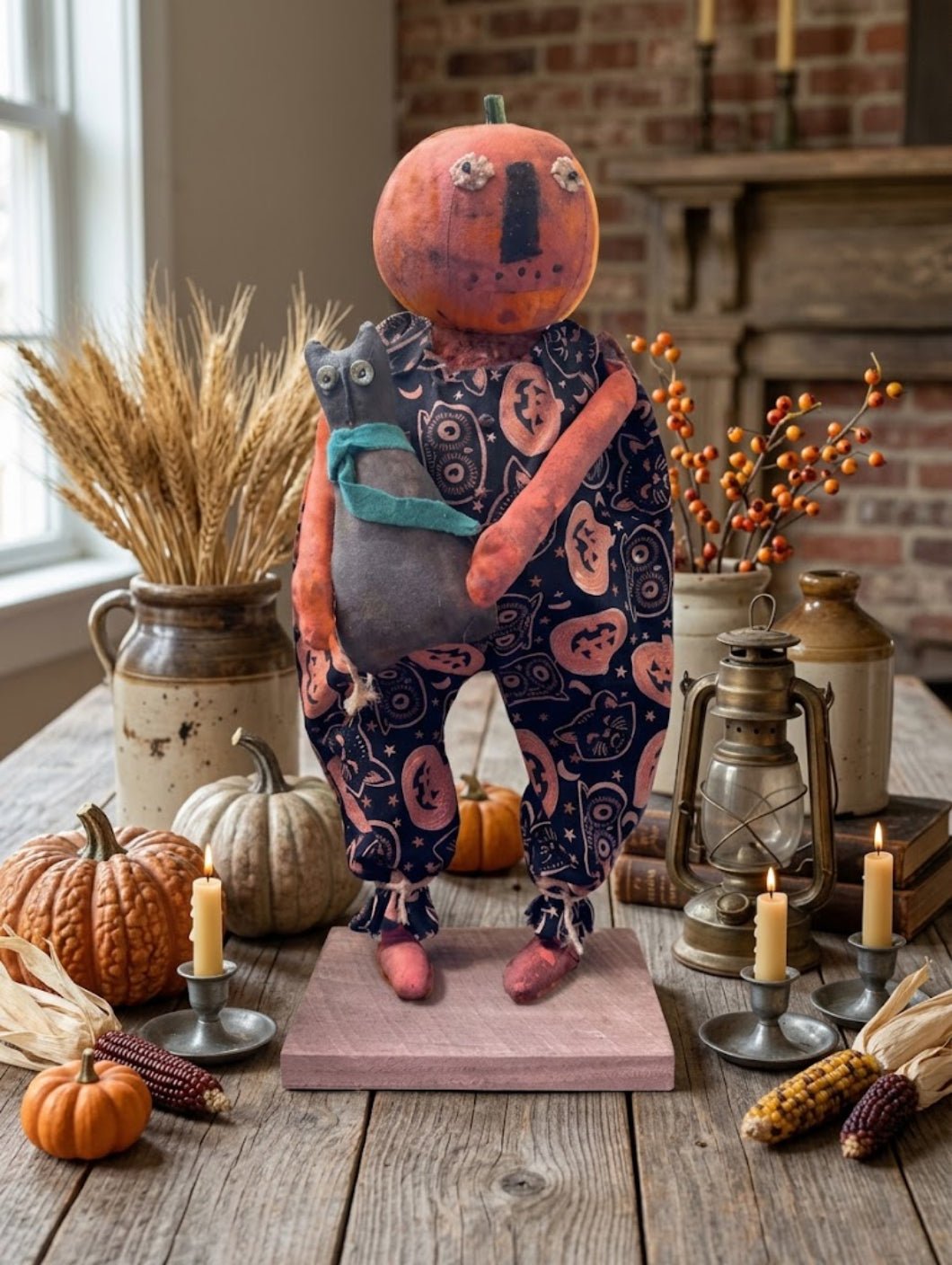 Handcrafted by Michelle Halloween Mr. Pumpkin Man Doll with Cat – Hand-Sculpted Clay Folk Art - The Primitive Pineapple Collection