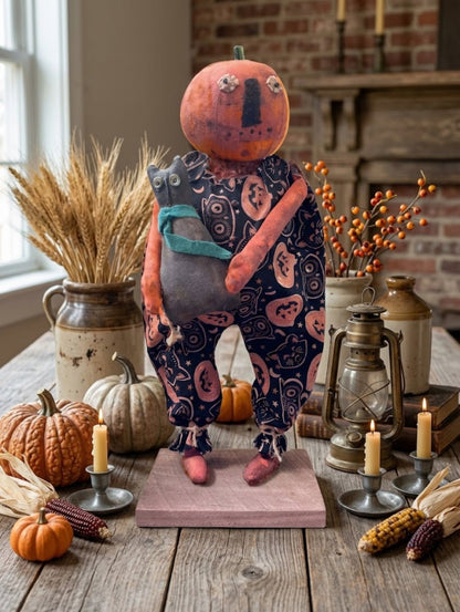 Handcrafted by Michelle Halloween Mr. Pumpkin Man Doll with Cat – Hand-Sculpted Clay Folk Art - The Primitive Pineapple Collection