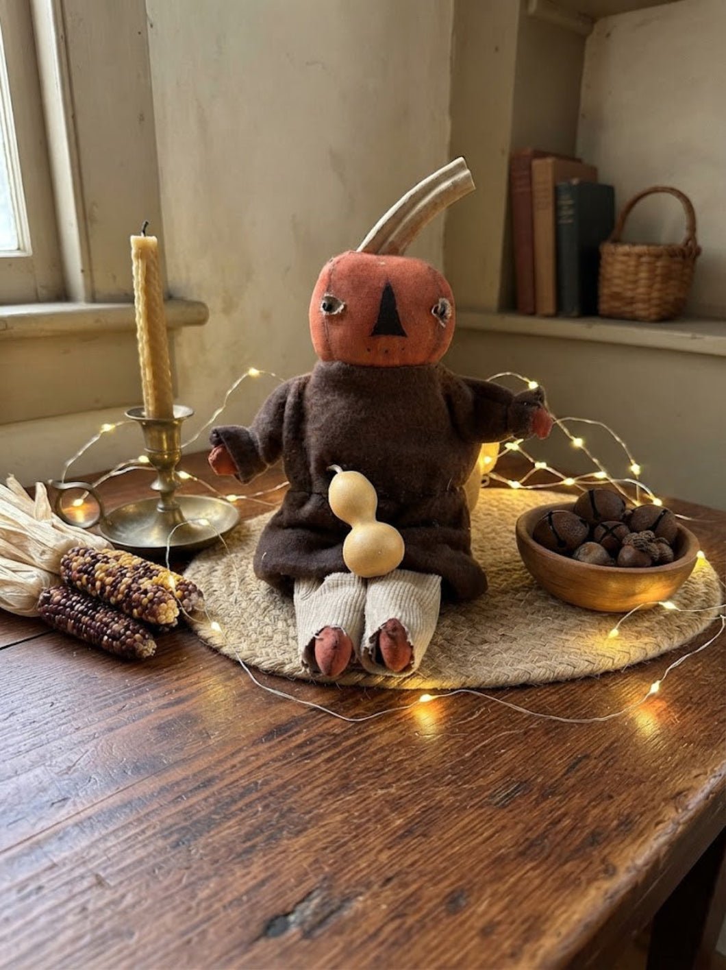 Primitive Handcrafted USA Small Orange Pumpkin Boy Doll w/ Gourd 9" - The Primitive Pineapple Collection