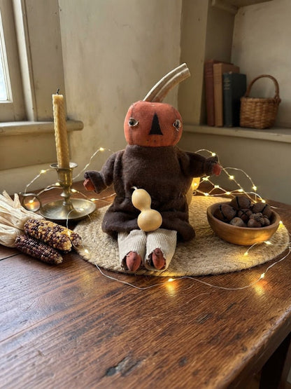 Primitive Handcrafted USA Small Orange Pumpkin Boy Doll w/ Gourd 9" - The Primitive Pineapple Collection