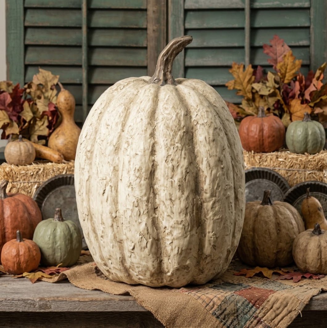 Ragon House Life-Size Primitive White Pumpkin – 14" Tall Mache Fall Decor - The Primitive Pineapple Collection