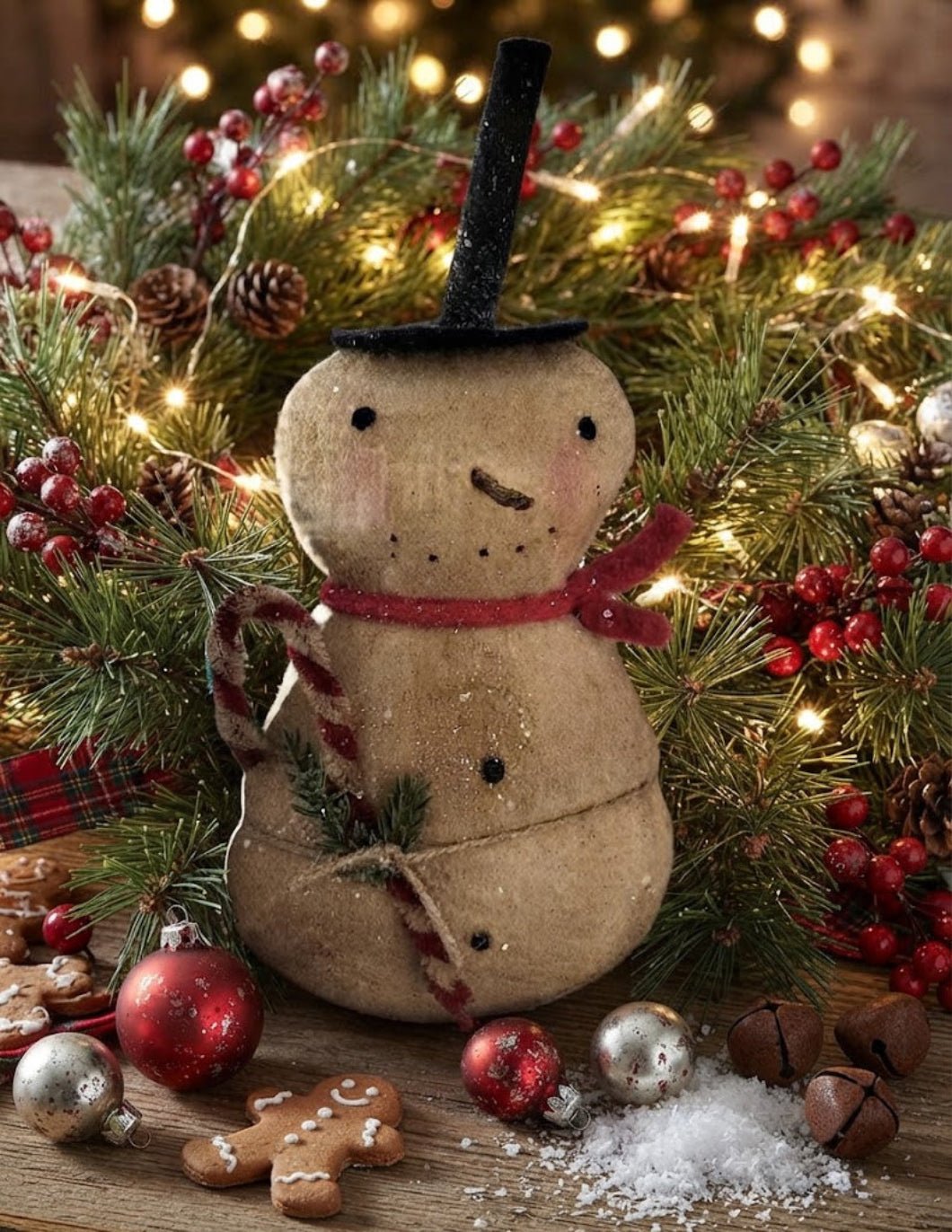 Primitive Handcrafted USA Christmas 8.5” Candy Cane Snowman - The Primitive Pineapple Collection