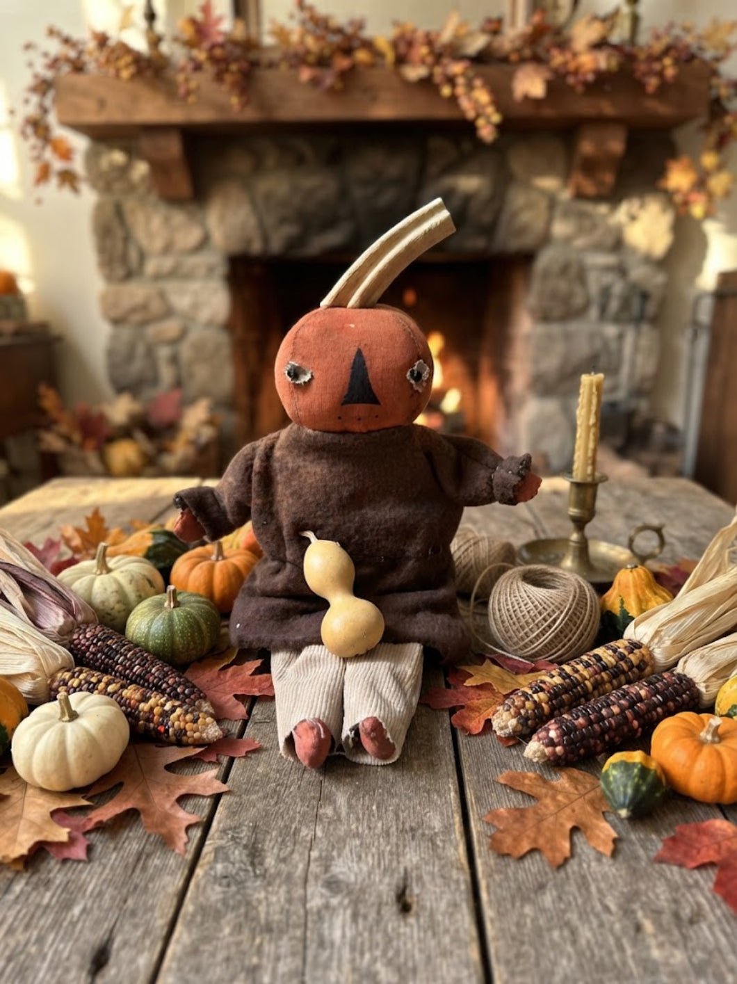 Primitive Handcrafted USA Small Orange Pumpkin Boy Doll w/ Gourd 9" - The Primitive Pineapple Collection