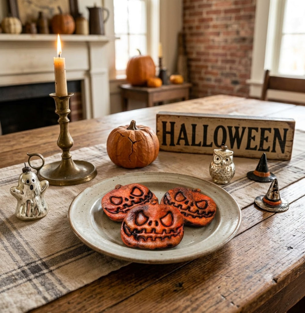 Primitive Halloween 3” Handmade Scary Jack O Lantern Cookie Bowl Fillers 3pc