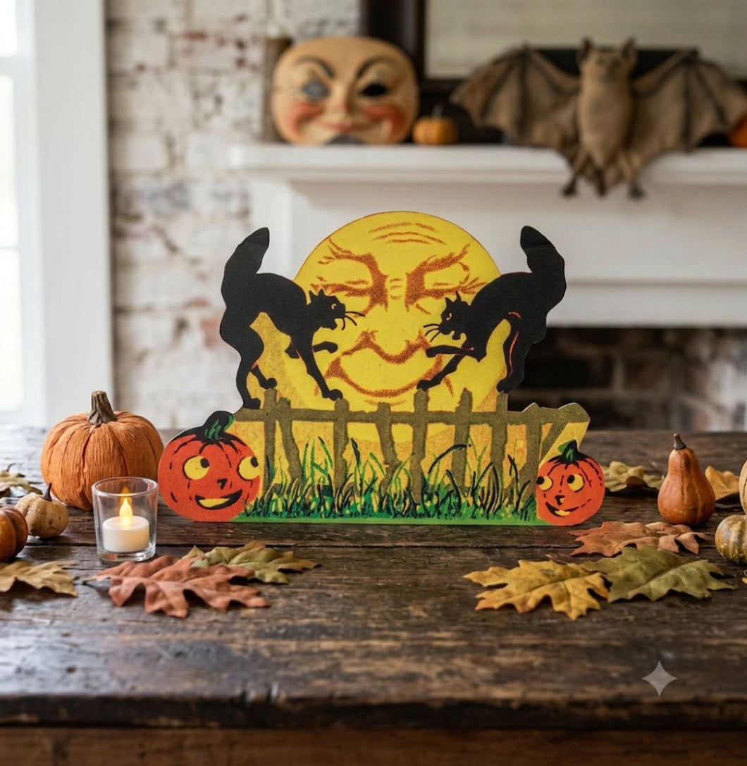 Primitive Ragon House Halloween Retro Vintage Cats on Fence Metal Sign