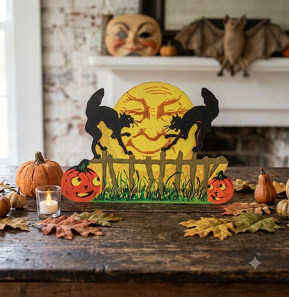 Primitive Ragon House Halloween Retro Vintage Cats on Fence Metal Sign