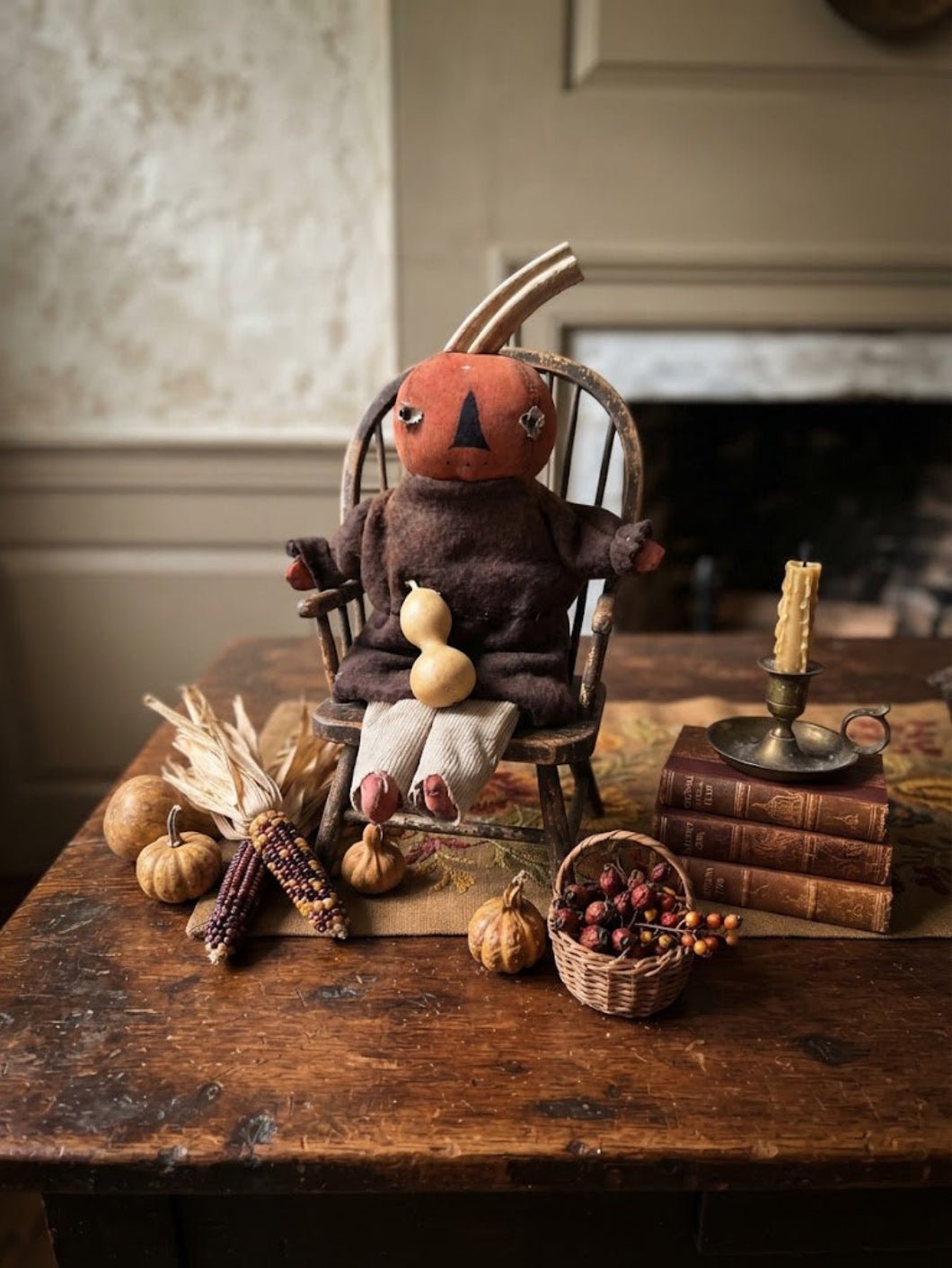 Primitive Handcrafted USA Small Orange Pumpkin Boy Doll w/ Gourd 9" - The Primitive Pineapple Collection