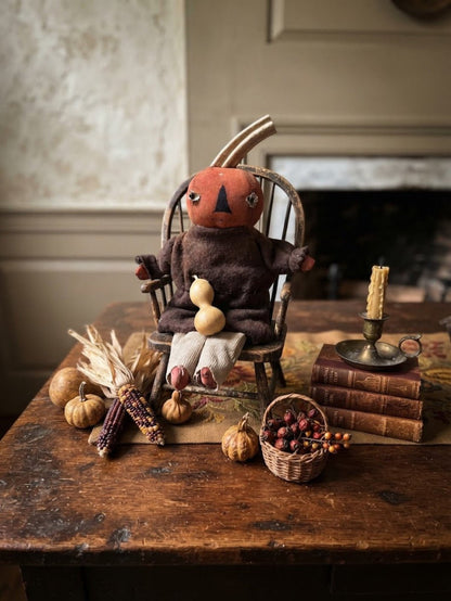 Primitive Handcrafted USA Small Orange Pumpkin Boy Doll w/ Gourd 9" - The Primitive Pineapple Collection