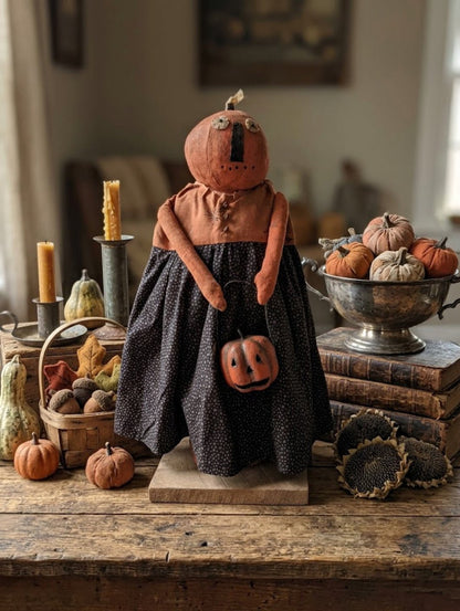 Handcrafted by Michelle Halloween Mrs Pumpkin Woman Doll w/ Jack O Lantern - The Primitive Pineapple Collection